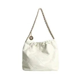 Quilted  Calfskin Leather Shopper Hobo Bag White