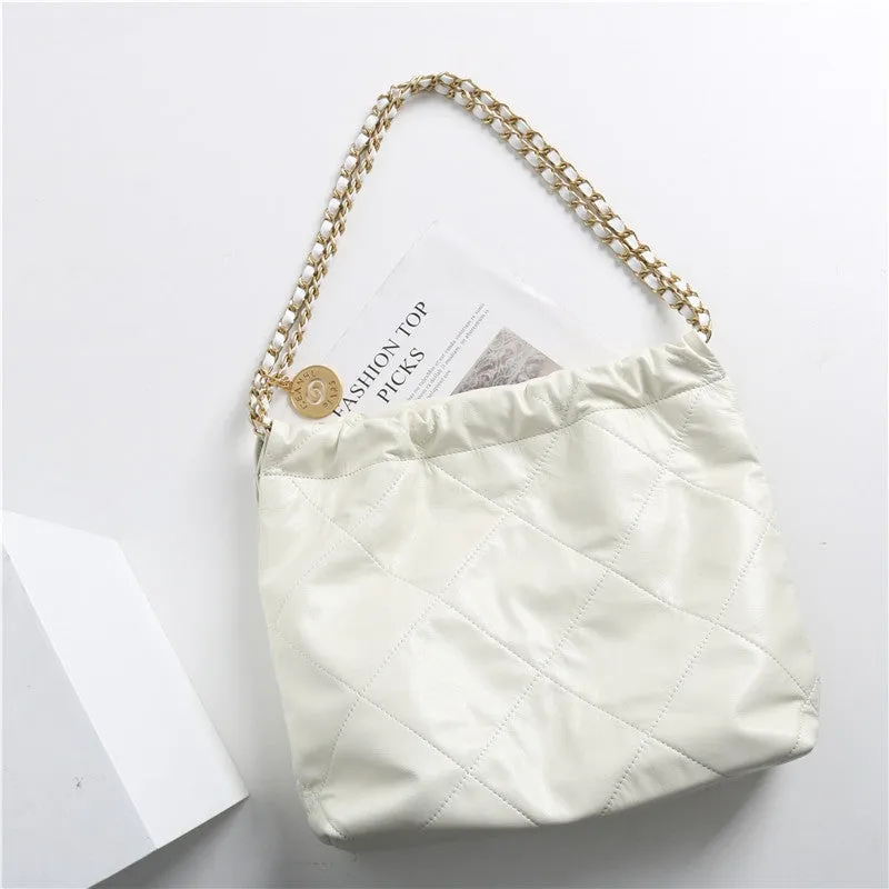 Quilted  Calfskin Leather Shopper Hobo Bag White