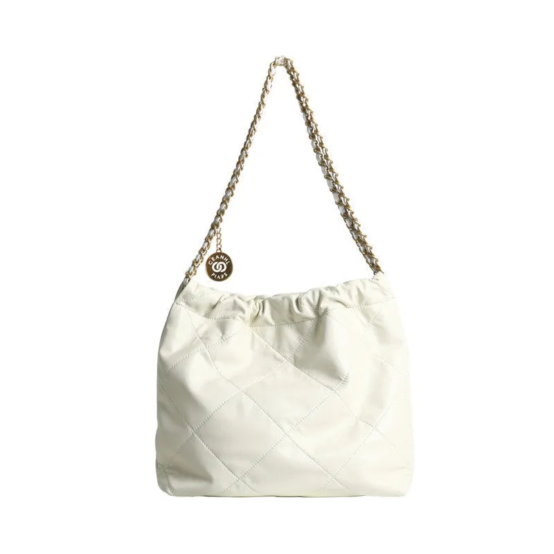 Quilted  Calfskin Leather Shopper Hobo Bag White