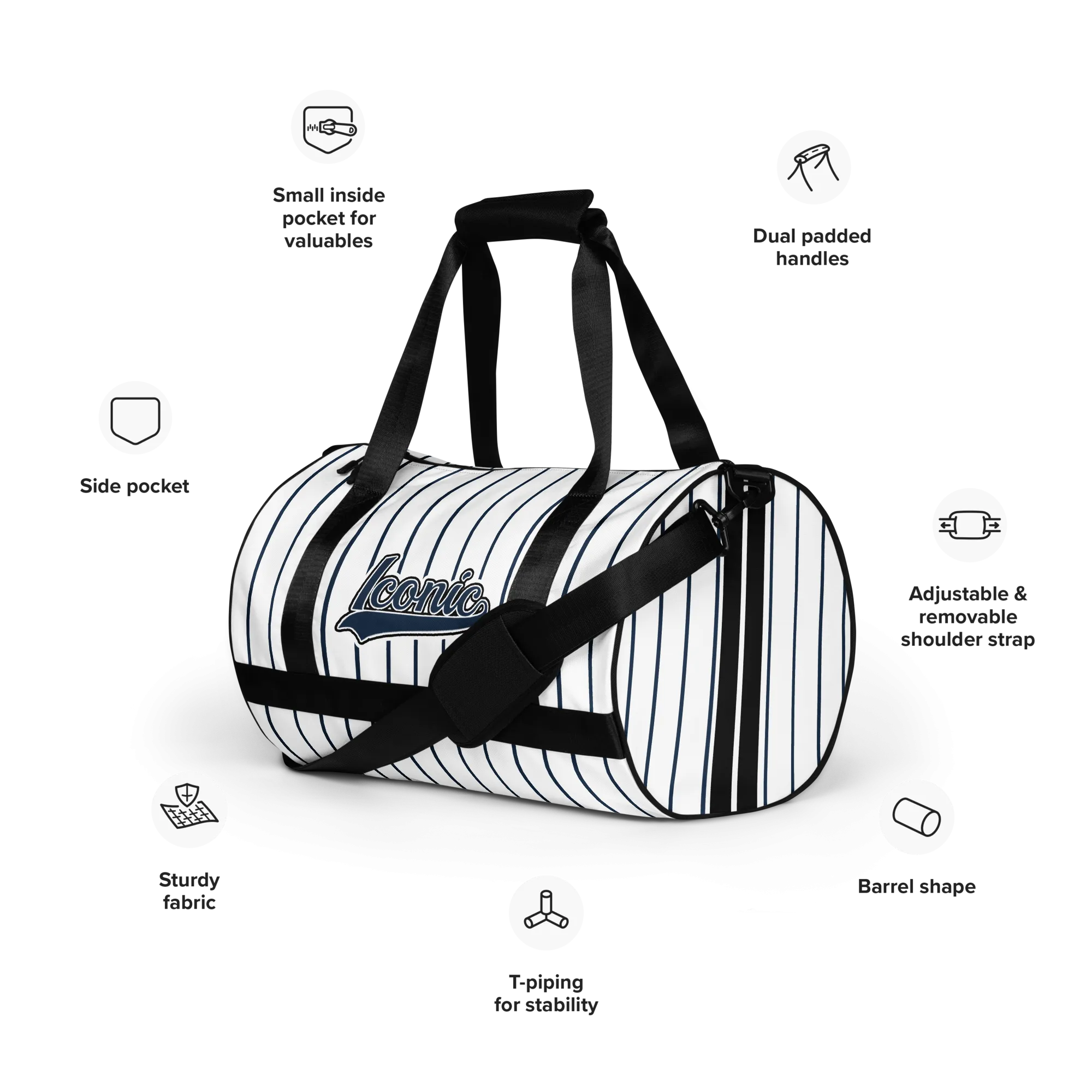ROYAL Team Iconic. Athletix Mini Duffle Gym Bag Pinstripe Wh and Navy
