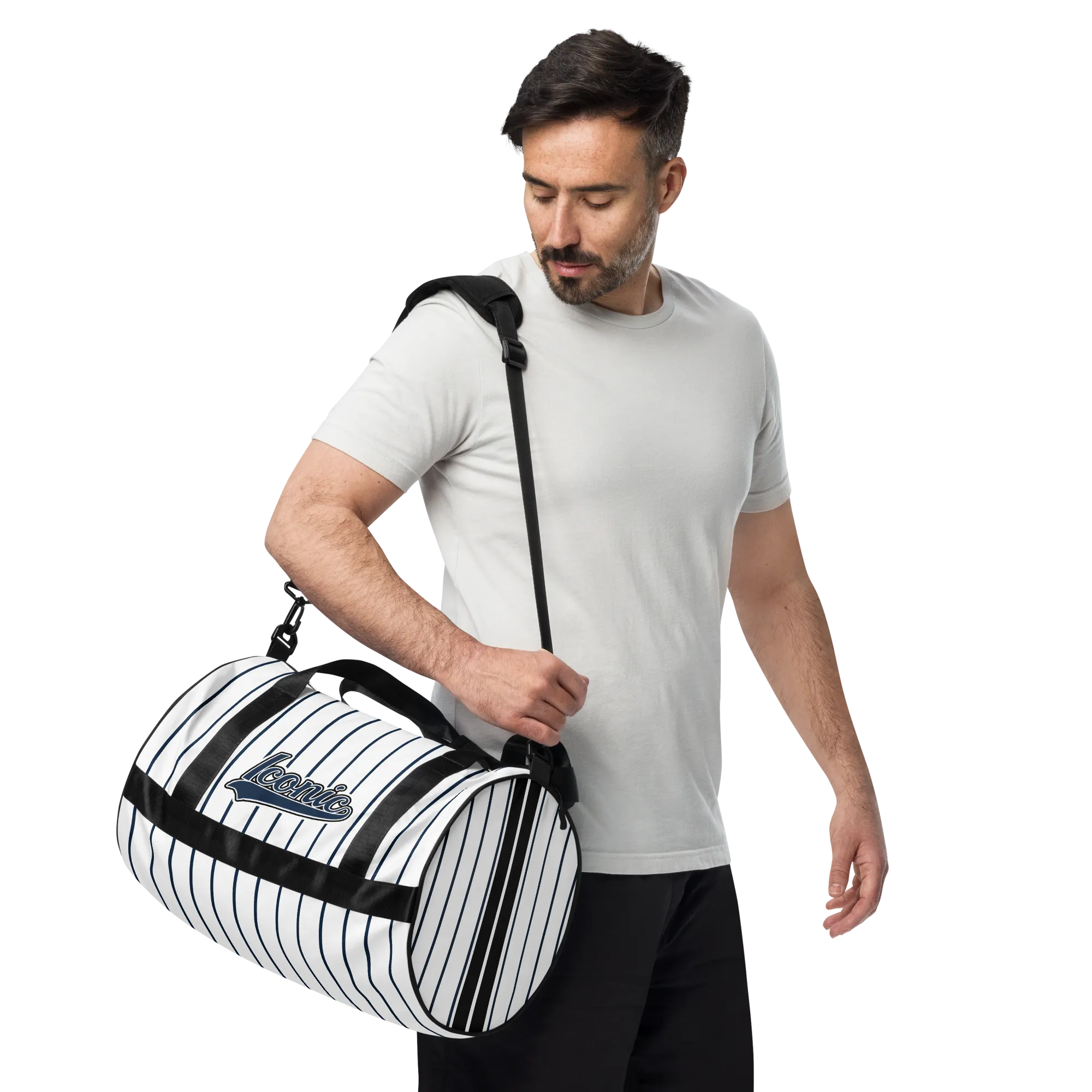 ROYAL Team Iconic. Athletix Mini Duffle Gym Bag Pinstripe Wh and Navy