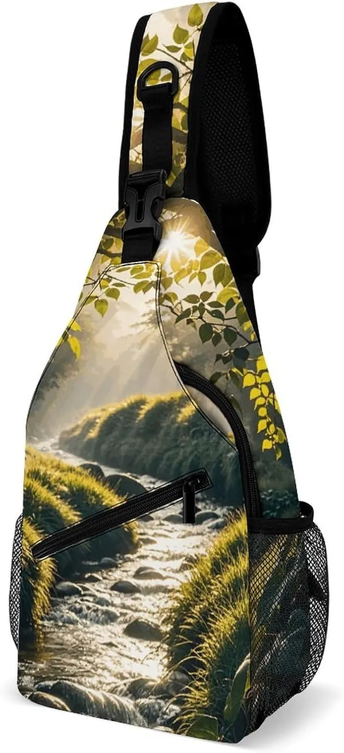 Sling Bag for Women Men Forest Creek Crossbody Bag Hiking Chest Bag Crossbody Fanny Pack Fashion Waist Packs Casual Daypack Backpacks Shoulder Bag for Travel