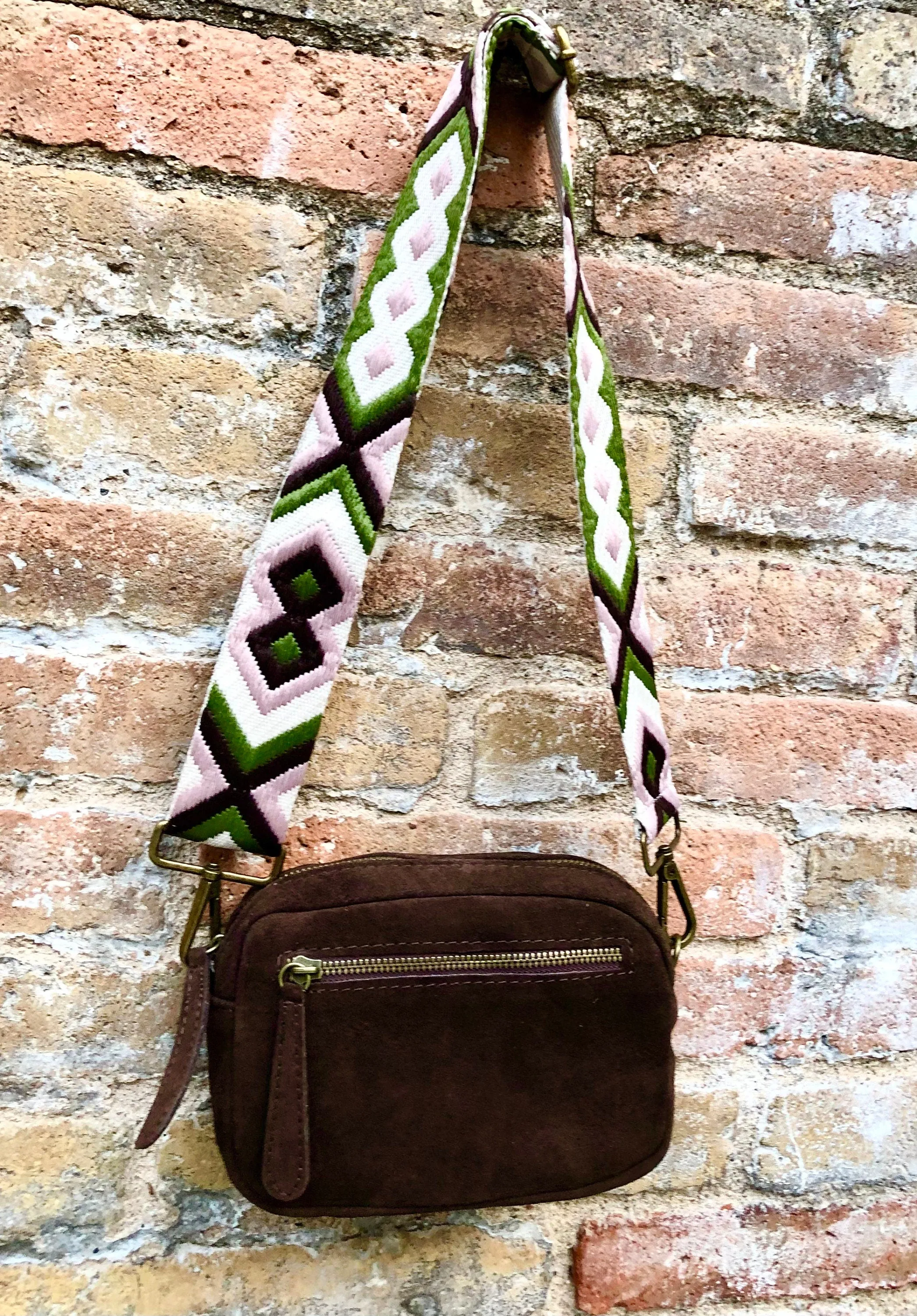 Small brown crossbody bag with adjustable guitar strap   suede strap. Genuine suede leather brown purse. Shoulder / crossbody bag w/ zippers