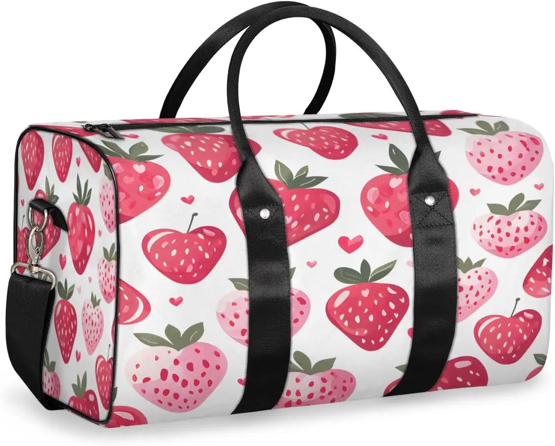 Strawberry Travel Duffle Bag, Sports Gym Bags for Women Men, Carry On Weekender Overnight Bag, Pink Workout Hospital Airplane Trips Bag