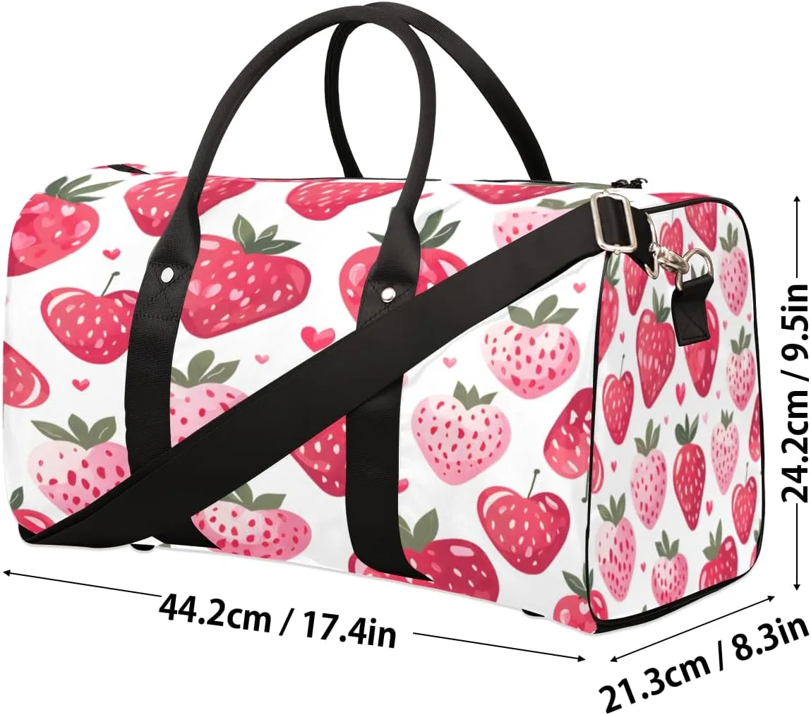 Strawberry Travel Duffle Bag, Sports Gym Bags for Women Men, Carry On Weekender Overnight Bag, Pink Workout Hospital Airplane Trips Bag