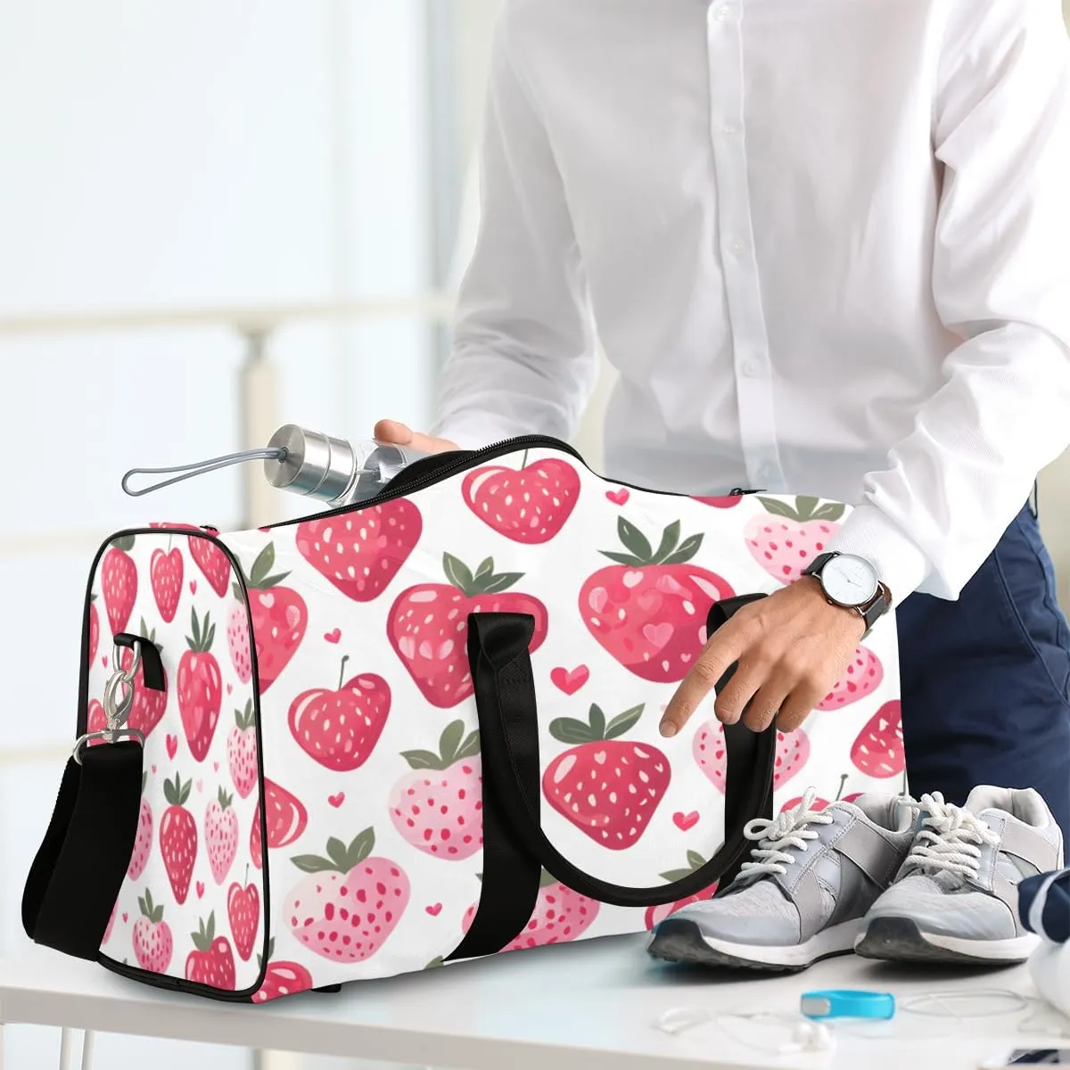 Strawberry Travel Duffle Bag, Sports Gym Bags for Women Men, Carry On Weekender Overnight Bag, Pink Workout Hospital Airplane Trips Bag