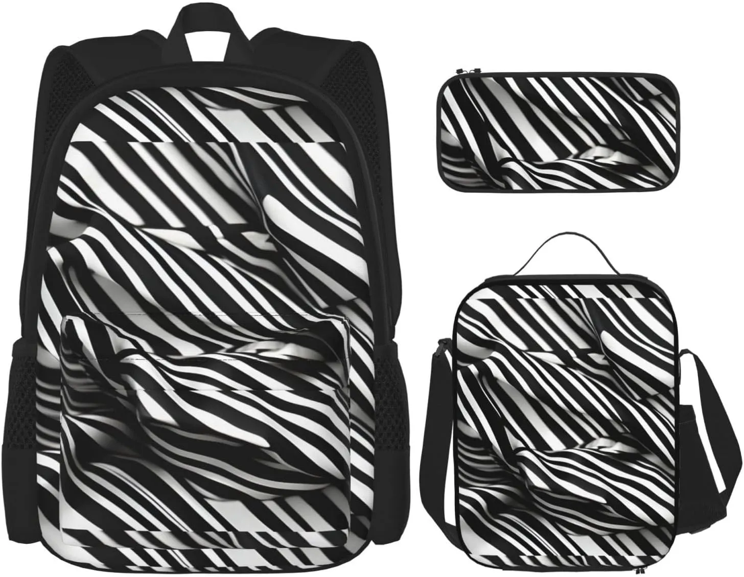 stripes black white print 3-Piece Casual Backpack Set (Backpack   Waist Bag   Small Pouch), Unisex Daypack