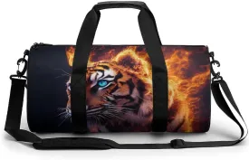 Travel Duffel Bag for Men Women, Foldable Lightweight Gym Yoga Bag with Wet Pocket Wild Angry Animal King Fire Flame Tiger Sport Handbag