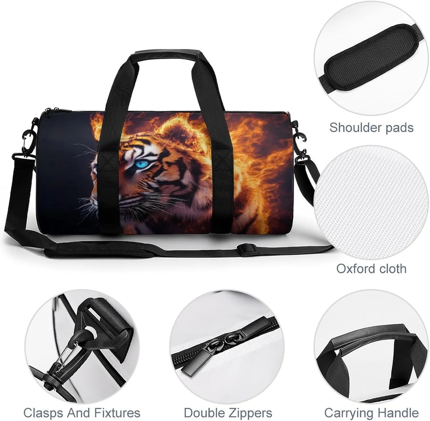 Travel Duffel Bag for Men Women, Foldable Lightweight Gym Yoga Bag with Wet Pocket Wild Angry Animal King Fire Flame Tiger Sport Handbag