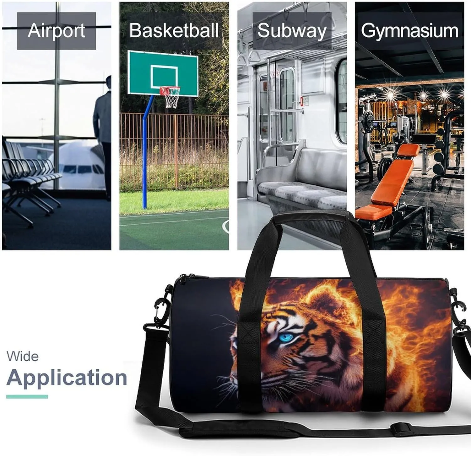 Travel Duffel Bag for Men Women, Foldable Lightweight Gym Yoga Bag with Wet Pocket Wild Angry Animal King Fire Flame Tiger Sport Handbag
