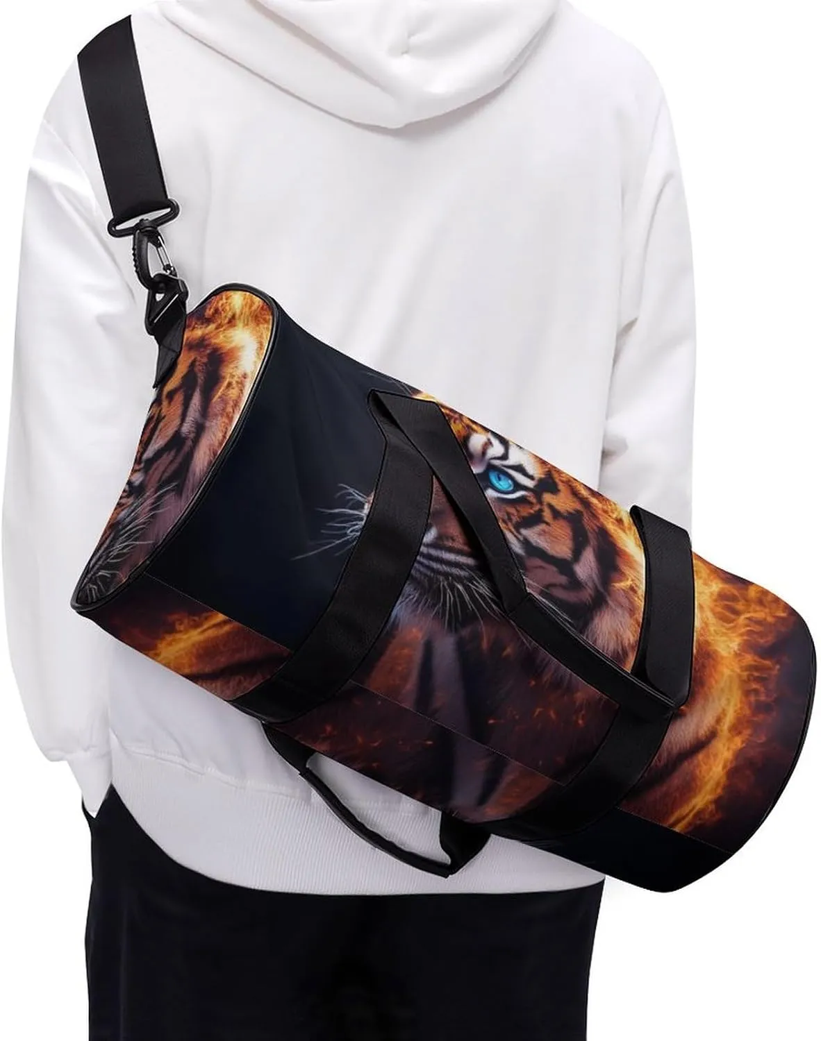 Travel Duffel Bag for Men Women, Foldable Lightweight Gym Yoga Bag with Wet Pocket Wild Angry Animal King Fire Flame Tiger Sport Handbag