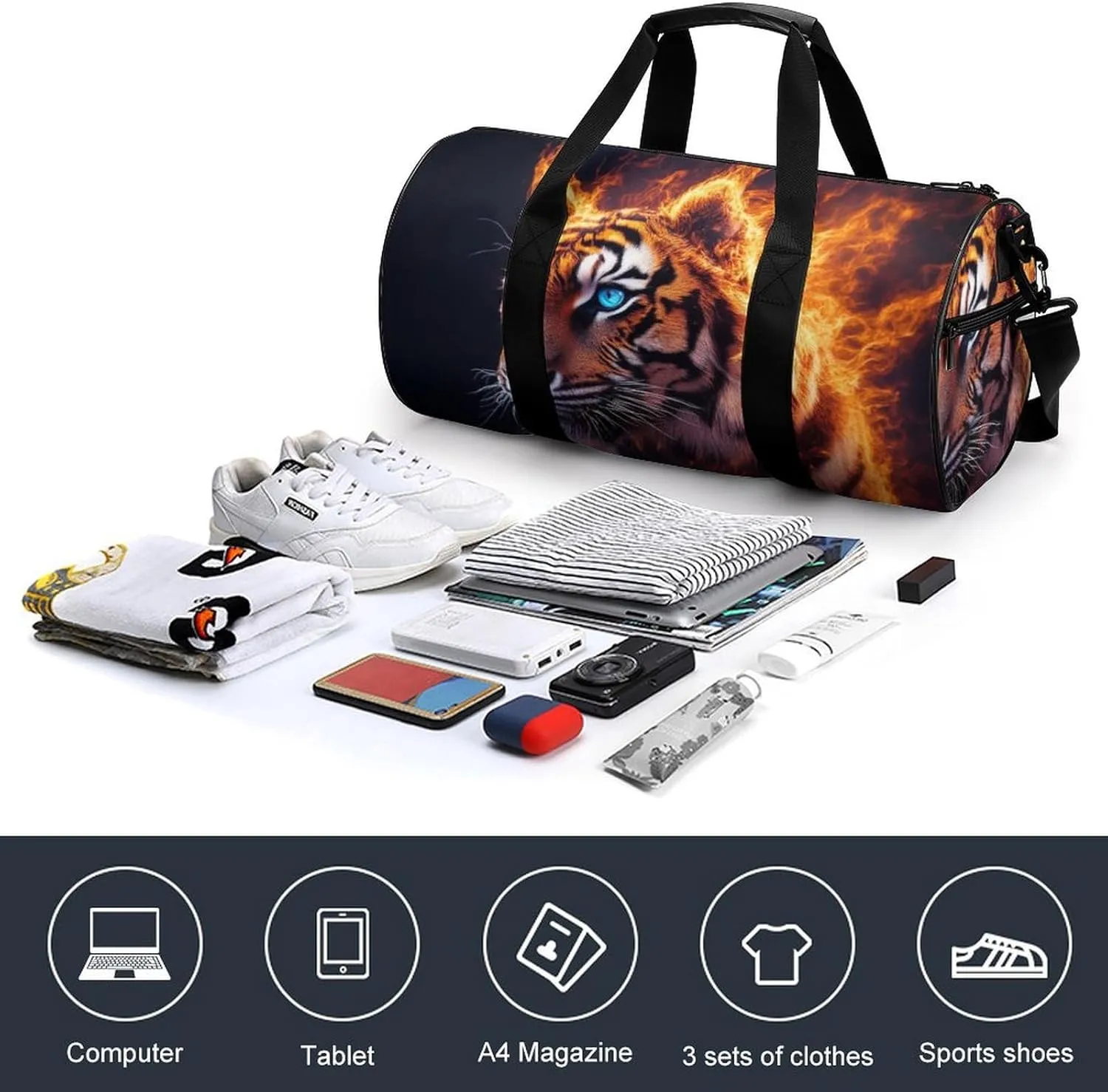 Travel Duffel Bag for Men Women, Foldable Lightweight Gym Yoga Bag with Wet Pocket Wild Angry Animal King Fire Flame Tiger Sport Handbag