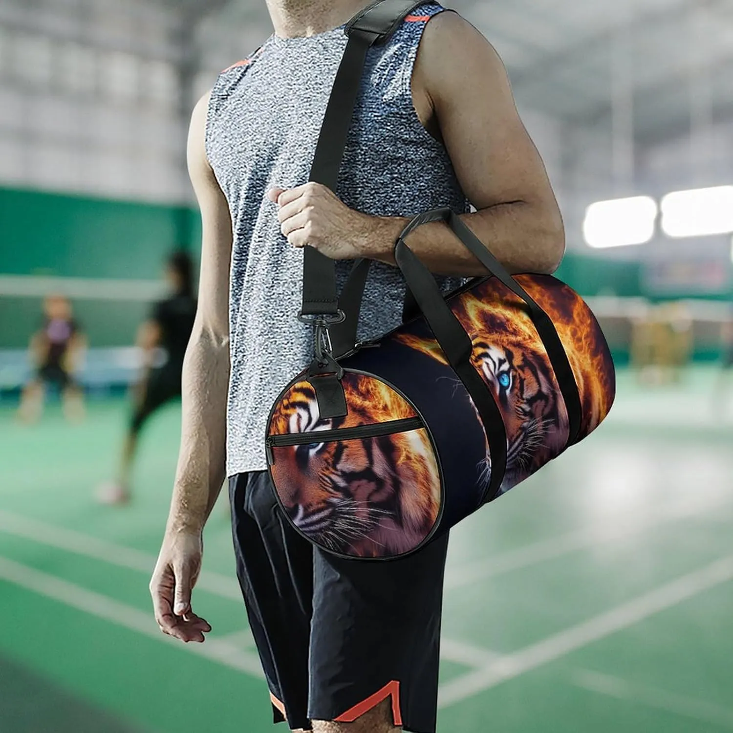 Travel Duffel Bag for Men Women, Foldable Lightweight Gym Yoga Bag with Wet Pocket Wild Angry Animal King Fire Flame Tiger Sport Handbag