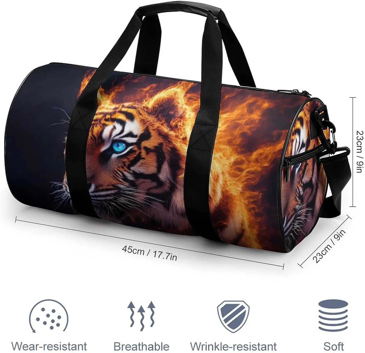 Travel Duffel Bag for Men Women, Foldable Lightweight Gym Yoga Bag with Wet Pocket Wild Angry Animal King Fire Flame Tiger Sport Handbag