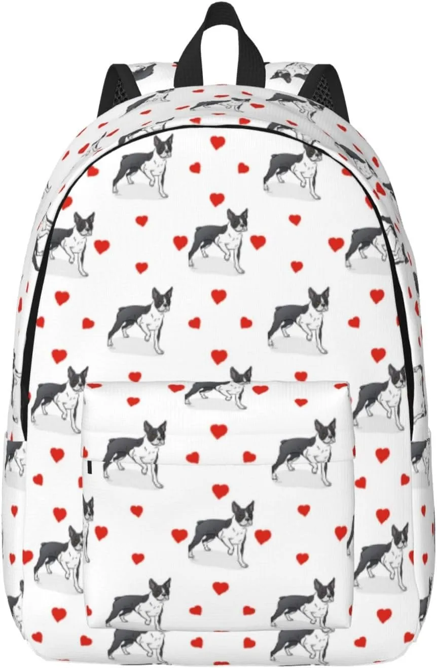 Travel Laptop Backpack - Boston Terrier dog hearts cute Computer Canvas Backpack Bag with Adjustable Straps