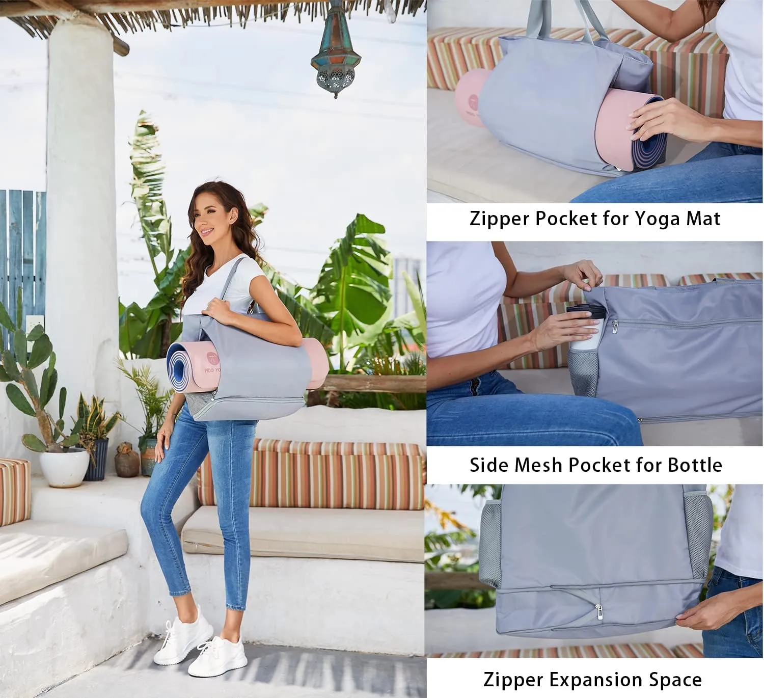 Waterproof Travel Yoga Gym Tote Bag for Women With Yoga Mat Holder Carrier & Wet Pocket Fits Your All Stuff for Pilates,Hot Yoga,Gym,Home Fitness,Travel, Swimming and Daily Use