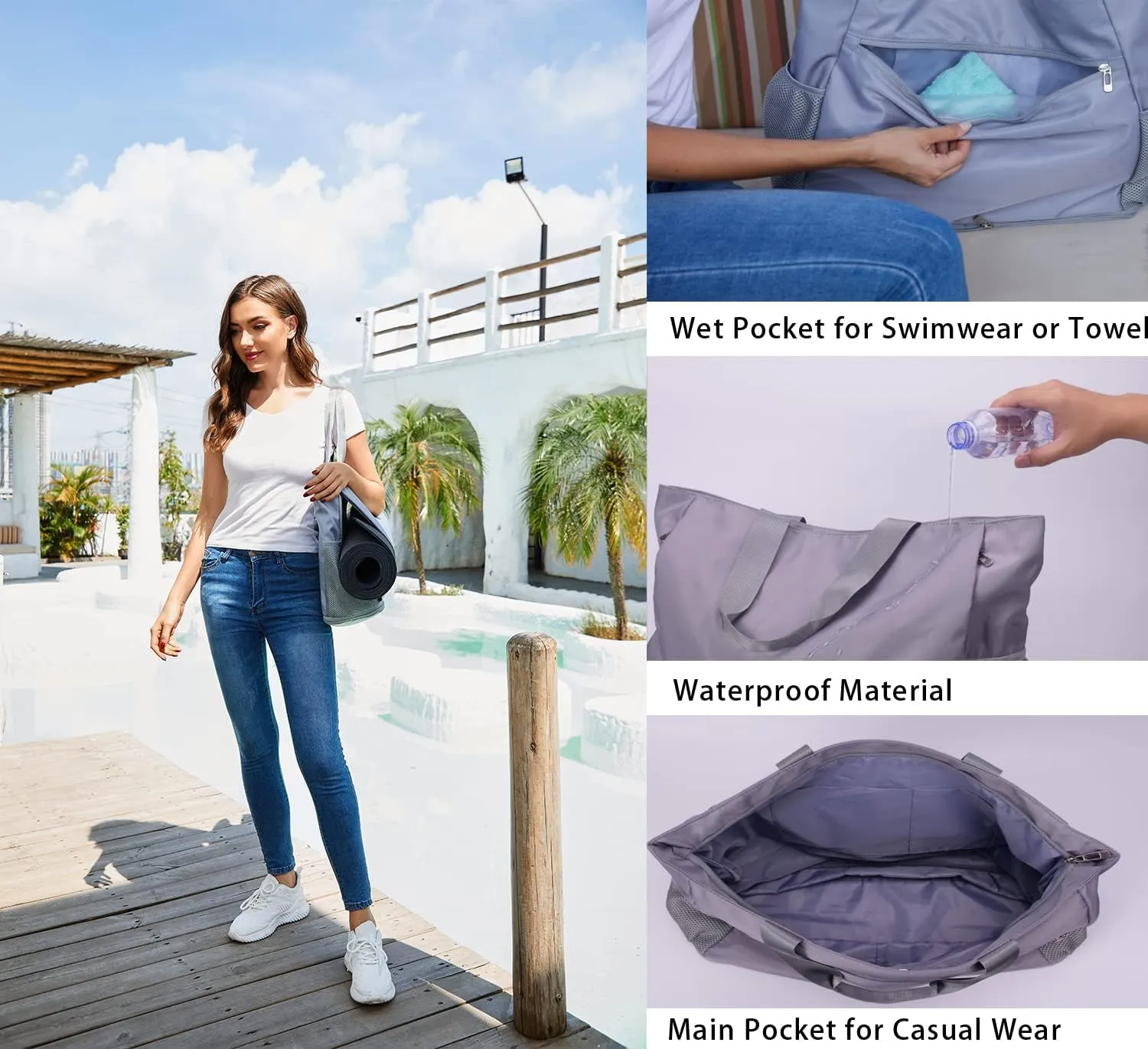 Waterproof Travel Yoga Gym Tote Bag for Women With Yoga Mat Holder Carrier & Wet Pocket Fits Your All Stuff for Pilates,Hot Yoga,Gym,Home Fitness,Travel, Swimming and Daily Use