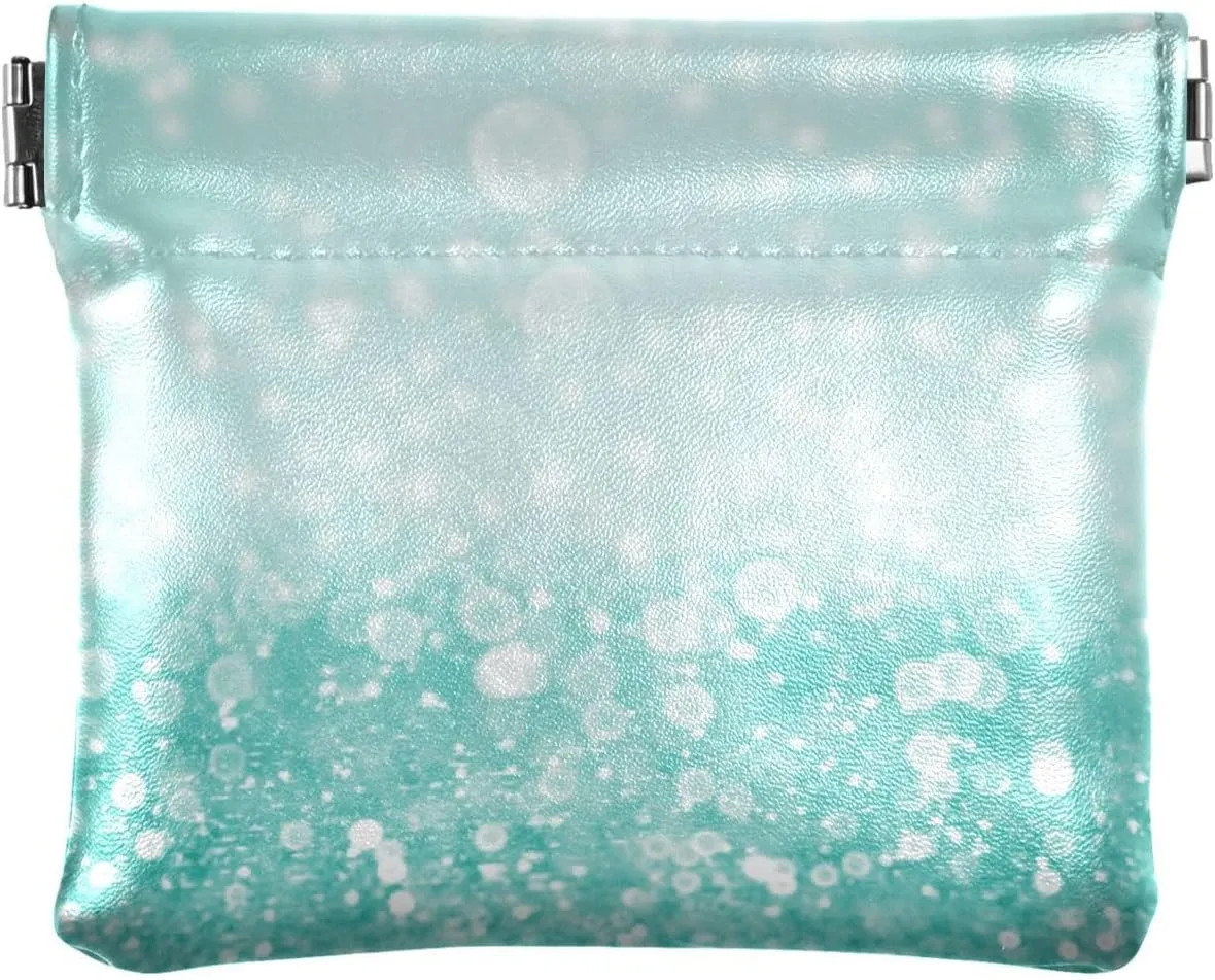 Women PU Leather Coin Purses, Small Metal Clasp Card Key Change Wallet Clutch Pouch Pocket Small Case Handbag Teal Green Glitter Sparkle Confetti Turquoise Aqua Mint Diamonds