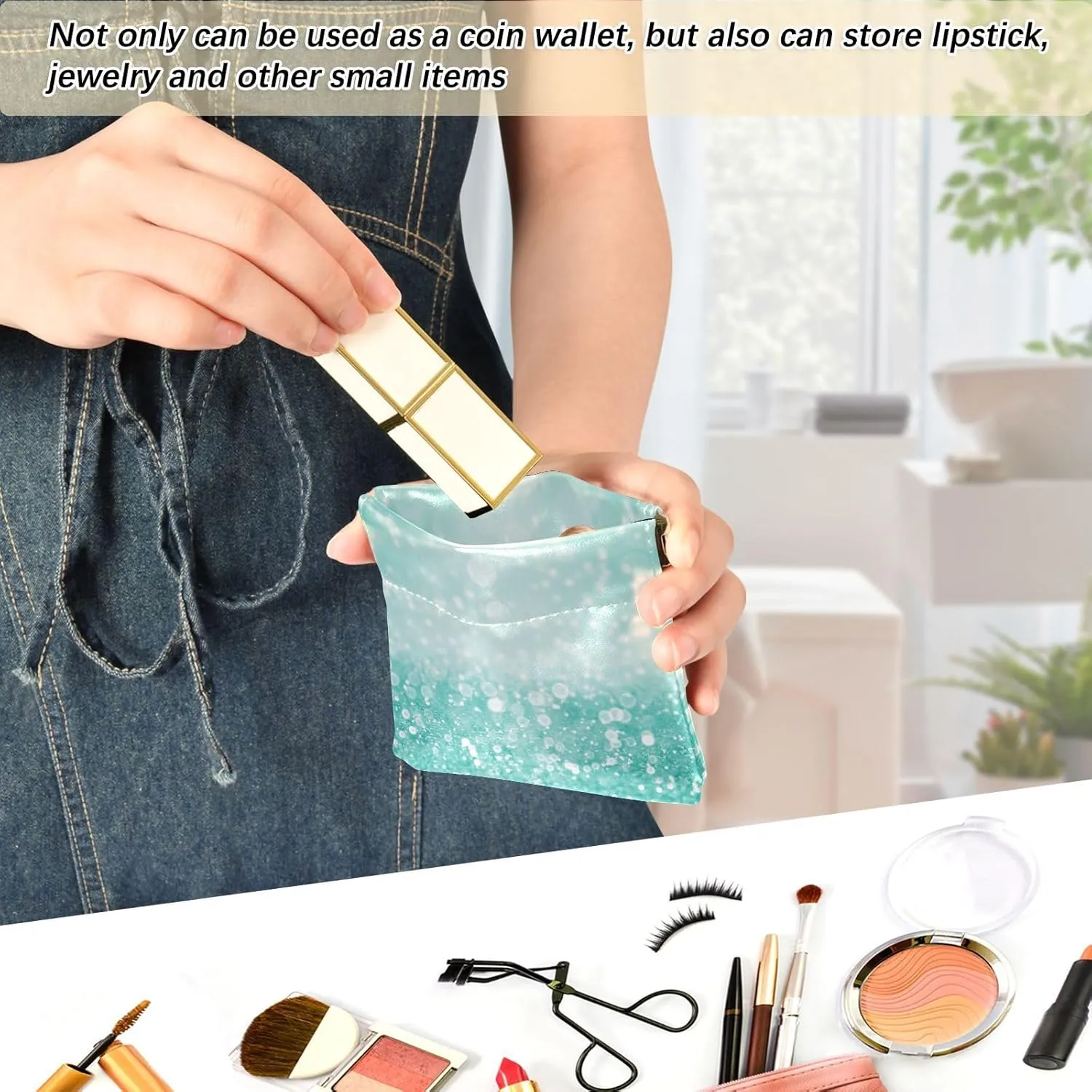 Women PU Leather Coin Purses, Small Metal Clasp Card Key Change Wallet Clutch Pouch Pocket Small Case Handbag Teal Green Glitter Sparkle Confetti Turquoise Aqua Mint Diamonds