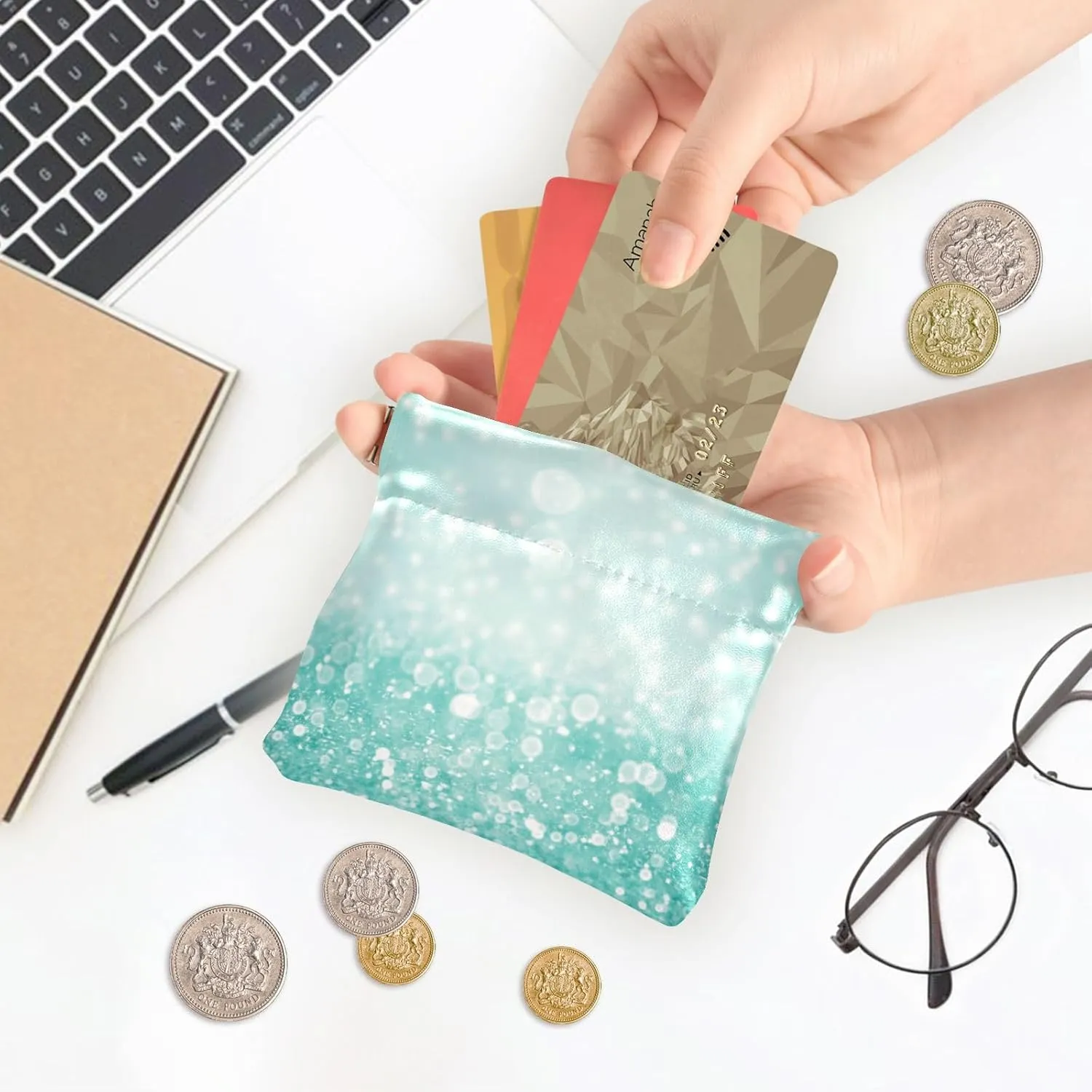 Women PU Leather Coin Purses, Small Metal Clasp Card Key Change Wallet Clutch Pouch Pocket Small Case Handbag Teal Green Glitter Sparkle Confetti Turquoise Aqua Mint Diamonds